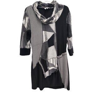 Lana Lee Mini Dress Medium Black Gray Patchwork Wearable Art Cowl Neck Casual